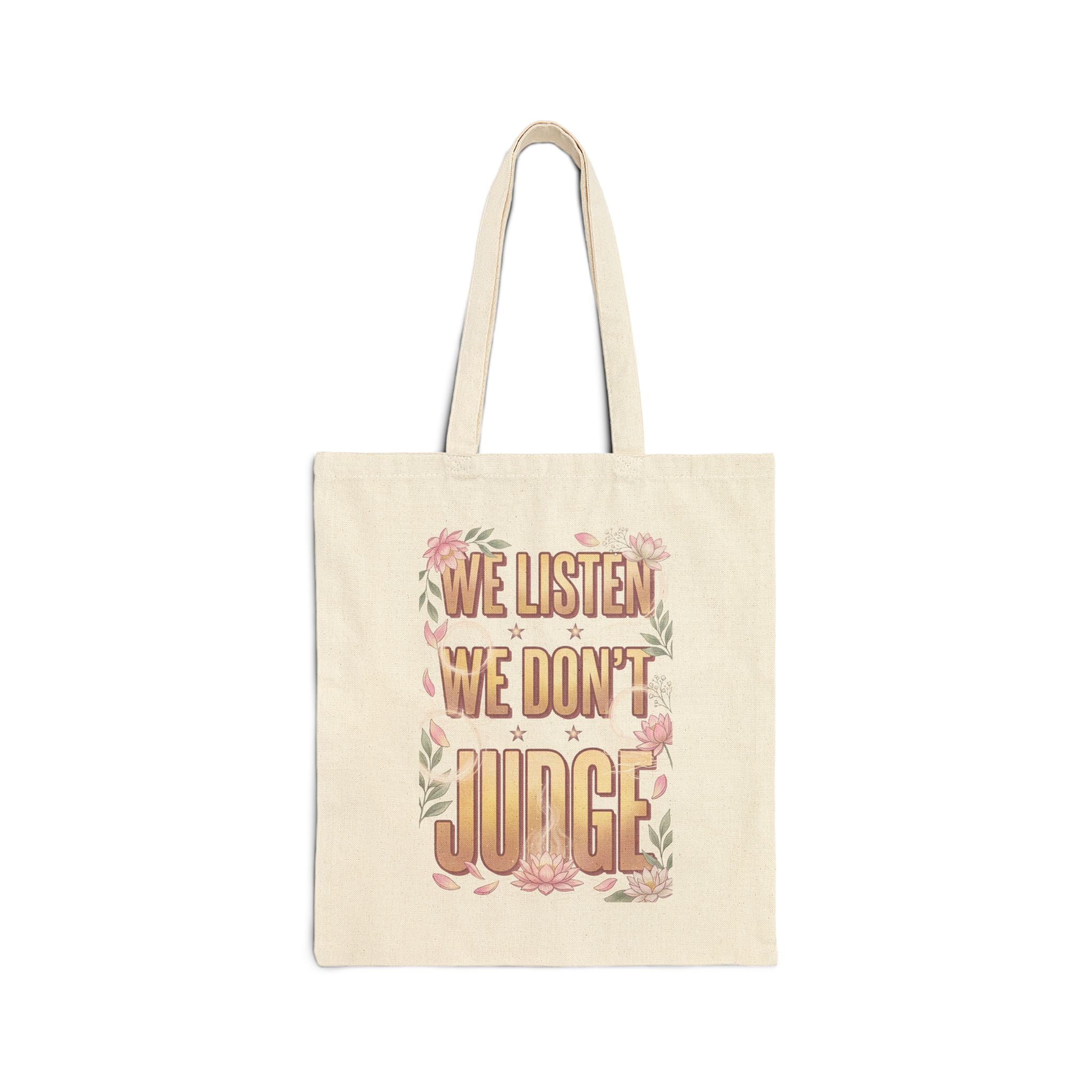 We Listen We Don't Judge Tote | Viral Slang, Bubble Letter Typography