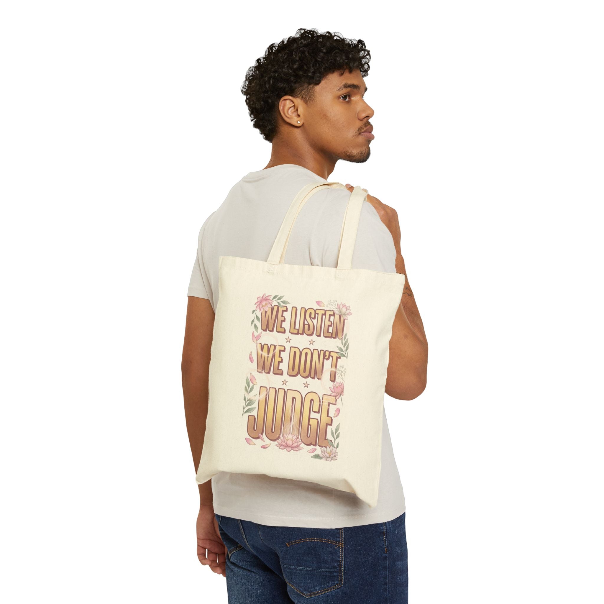 We Listen We Don't Judge Tote | Viral Slang, Bubble Letter Typography