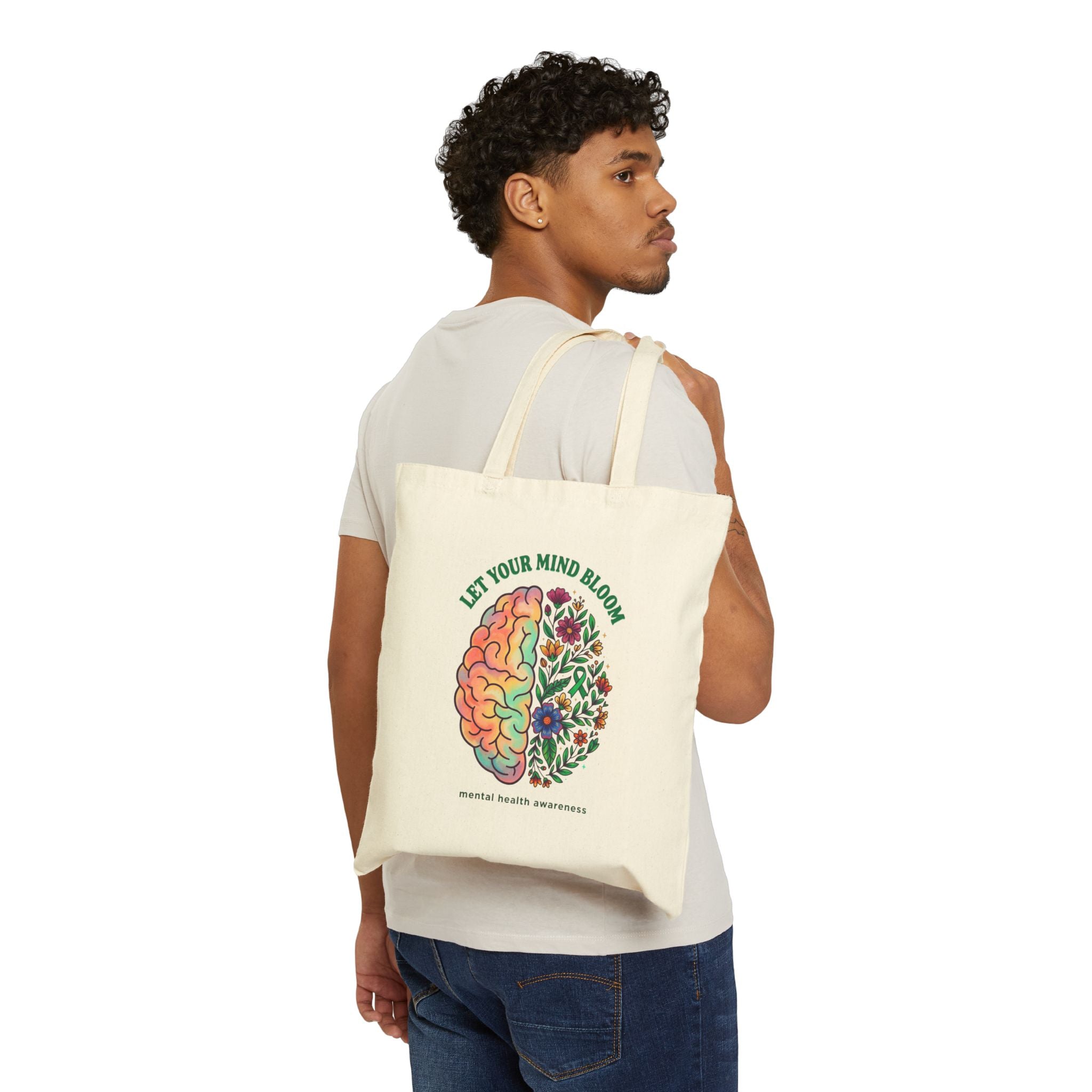 Let Your Mind Bloom Tote | Mental Health Awareness, Green Ribbon