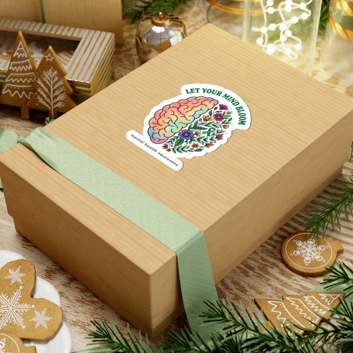 Let Your Mind Bloom Sticker | Mental Health Awareness, Green Ribbon